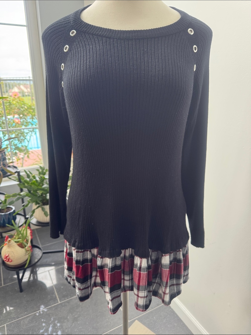torrid Black Ribbed Sweater/Dress with Plaid Hem